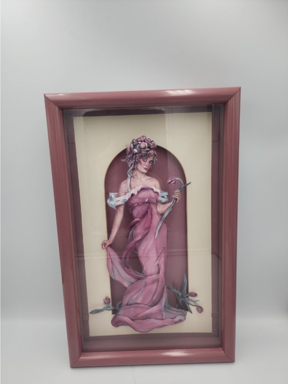 Vintage 3D Shadow Box Wall Hanging Woman Art Nouveau Selma Saffrin 1994 Pink